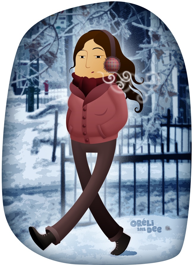 Pink jacket girl walking in a snowy street