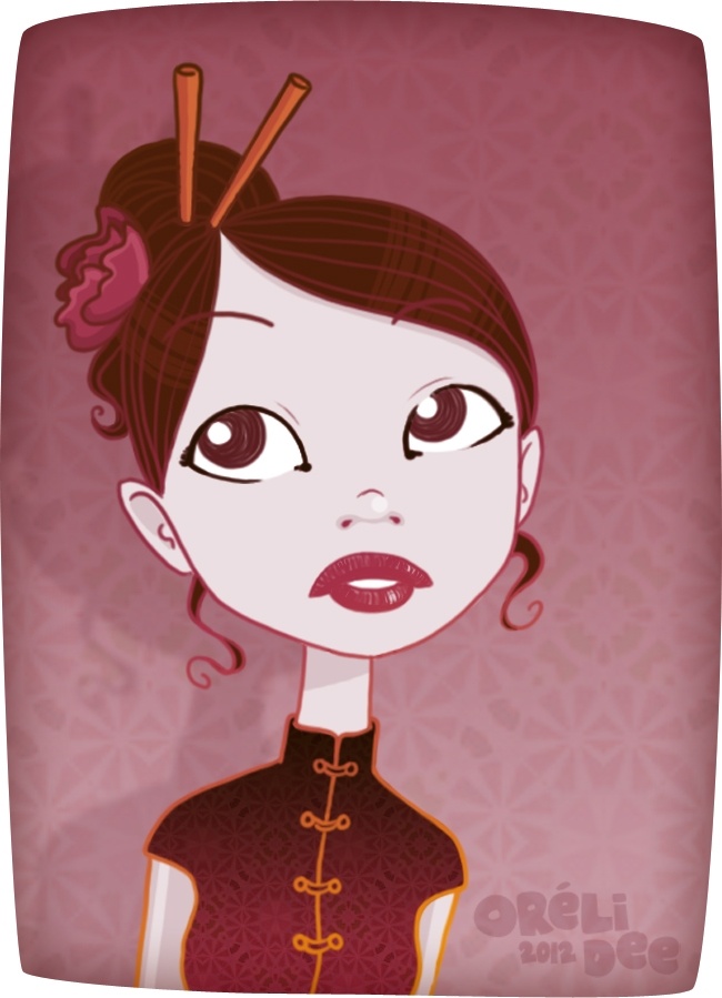 Lila, illustration, portrait jeune femme chignon